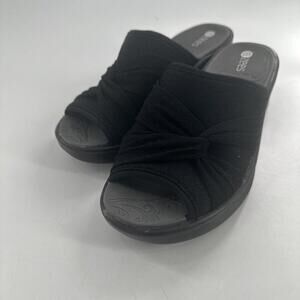 Bzees Wedge Comfort Sandals Women 7.5M Smile Bright Black Knit Bow Rhinestones